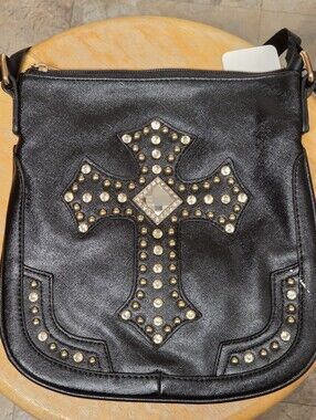 New Women's Western Rhinestone studded crossbody handbag -blk with buckle accent